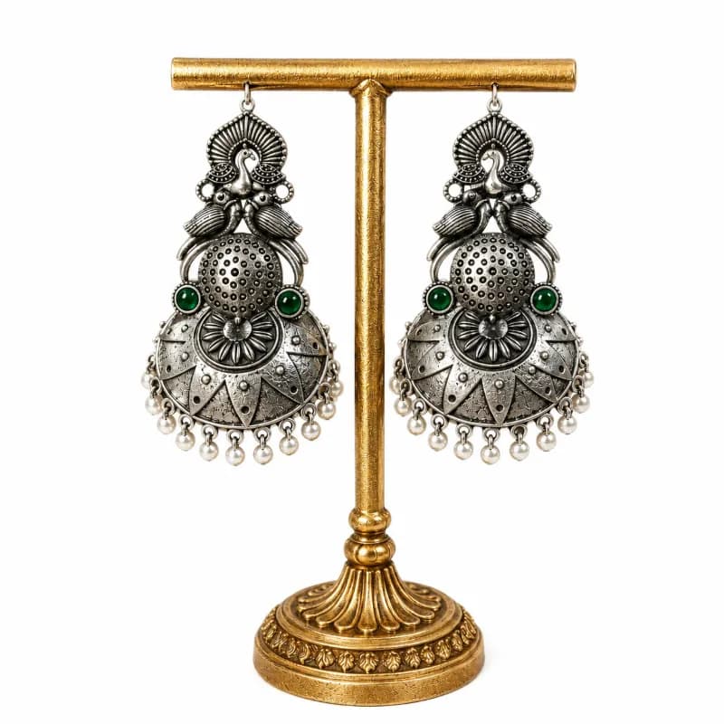 Oxidized Silver Peacock Jhumka Earrings with Stones