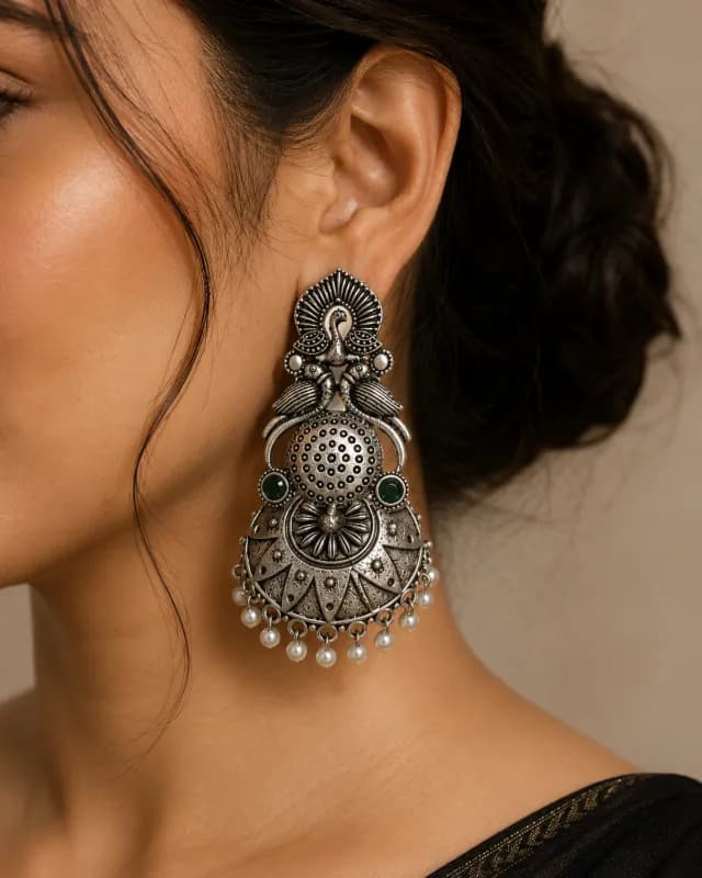 Oxidized Silver Peacock Jhumka Earrings with Stones — view 2 of 3