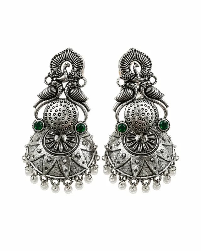 Oxidized Silver Peacock Jhumka Earrings with Stones — view 3 of 3