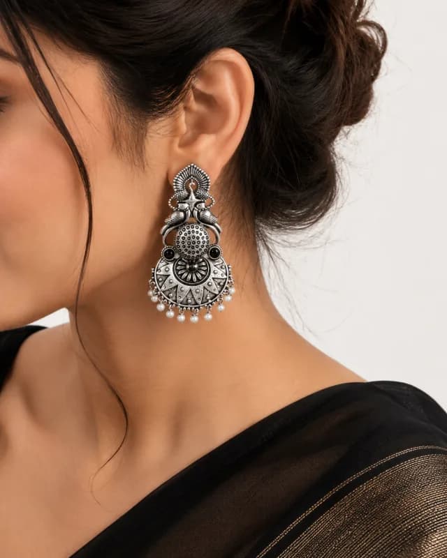 Oxidized Silver Peacock Jhumka Earrings with Stones — view 2 of 2