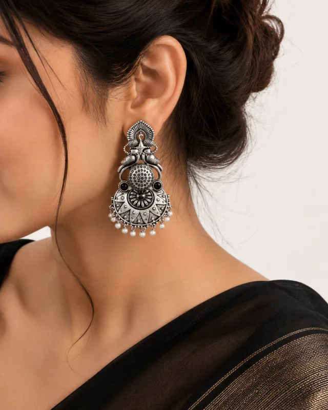 Oxidized Silver Peacock Jhumka Earrings with Stones — view 2 of 2