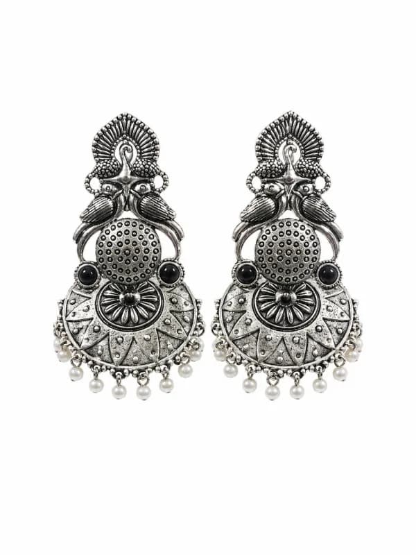 Oxidized Silver Peacock Jhumka Earrings with Stones