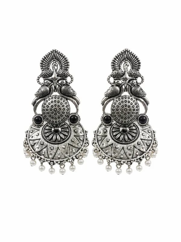 Oxidized Silver Peacock Jhumka Earrings with Stones