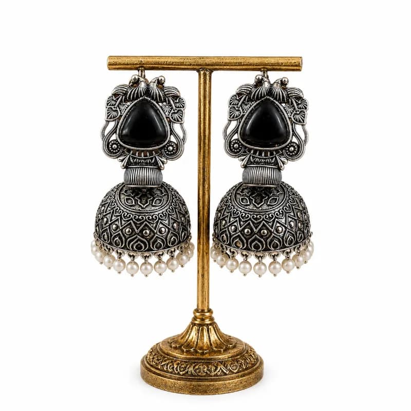 Oxidized Silver Jhumka Earrings with Black Onyx Resin