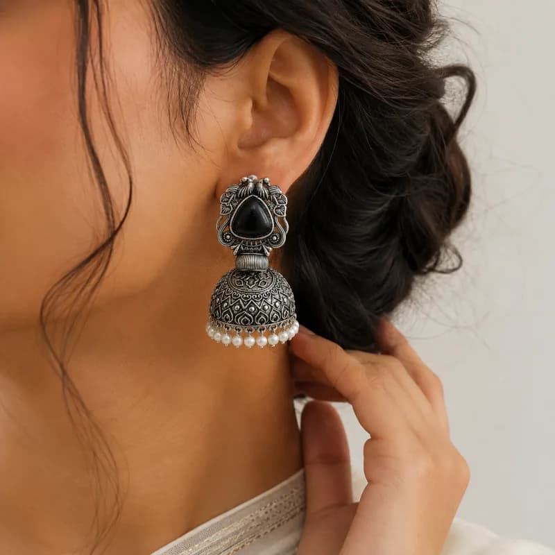 Oxidized Silver Jhumka Earrings with Black Onyx Resin — view 2 of 2