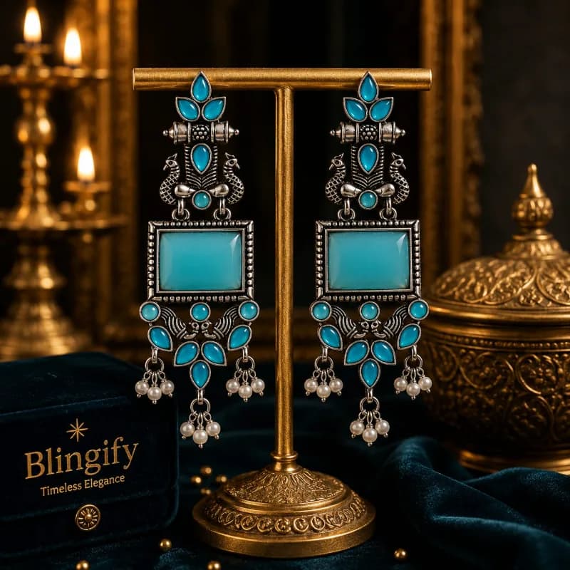 Oxidized Silver Peacock Drop Earrings in multicolor resins
