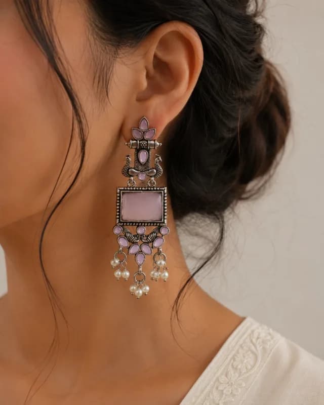 Oxidized Silver Peacock Drop Earrings in multicolor resins