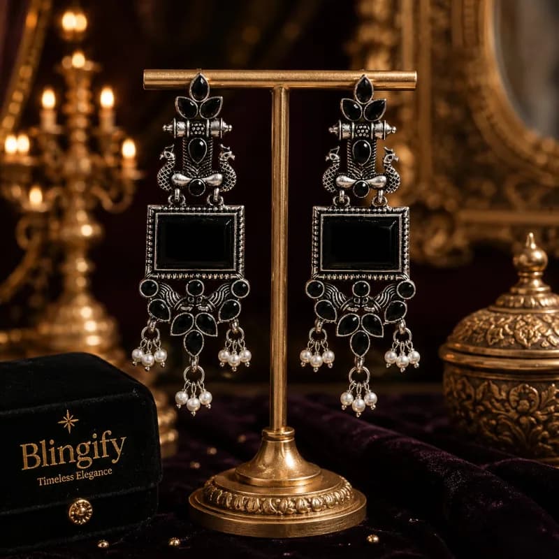 Oxidized Silver Peacock Drop Earrings in multicolor resins