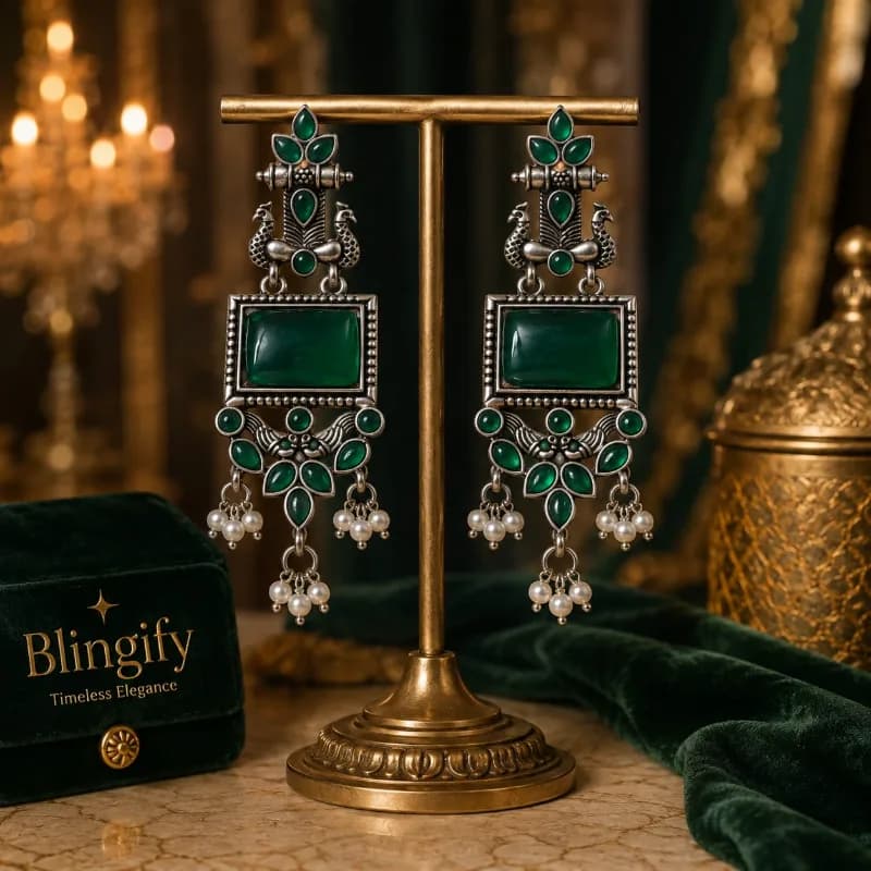 Oxidized Silver Peacock Drop Earrings in multicolor resins