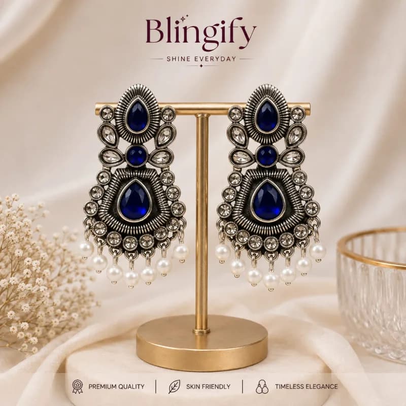 Antique Kundan Earrings with Magenta/Red/Royal Blue/Black resins Drops - Royal Blue
