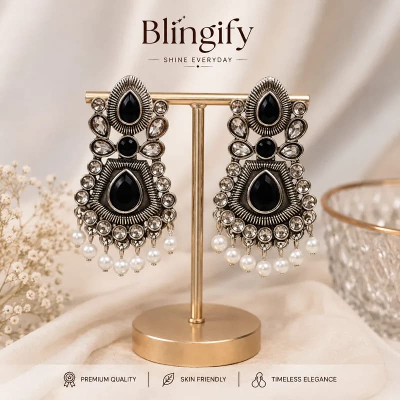 Antique Kundan Earrings with Magenta/Red/Royal Blue/Black resins Drops - Black
