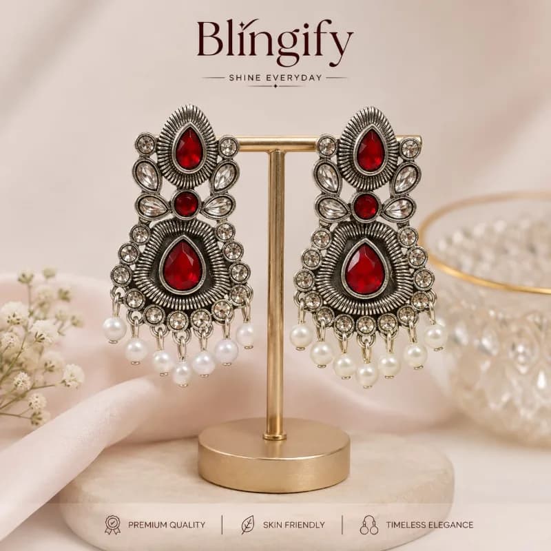 Antique Kundan Earrings with Magenta/Red/Royal Blue/Black resins Drops - Red