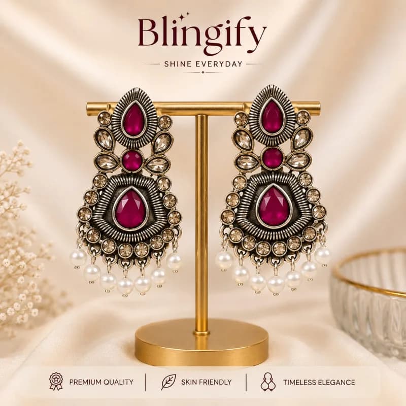 Antique Kundan Earrings with Magenta/Red/Royal Blue/Black resins Drops - Magenta