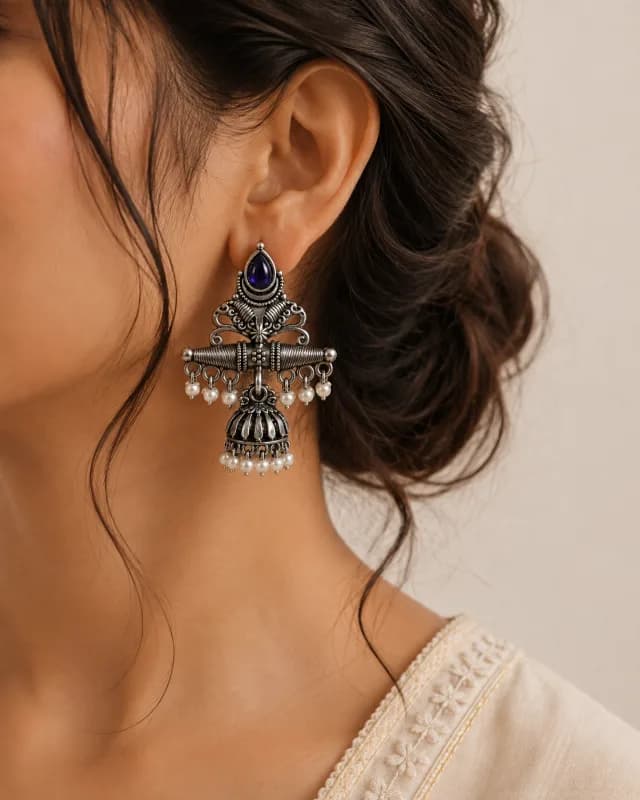 Oxidized Silver Chandbali Jhumka Earrings in multiple colours — view 2 of 2