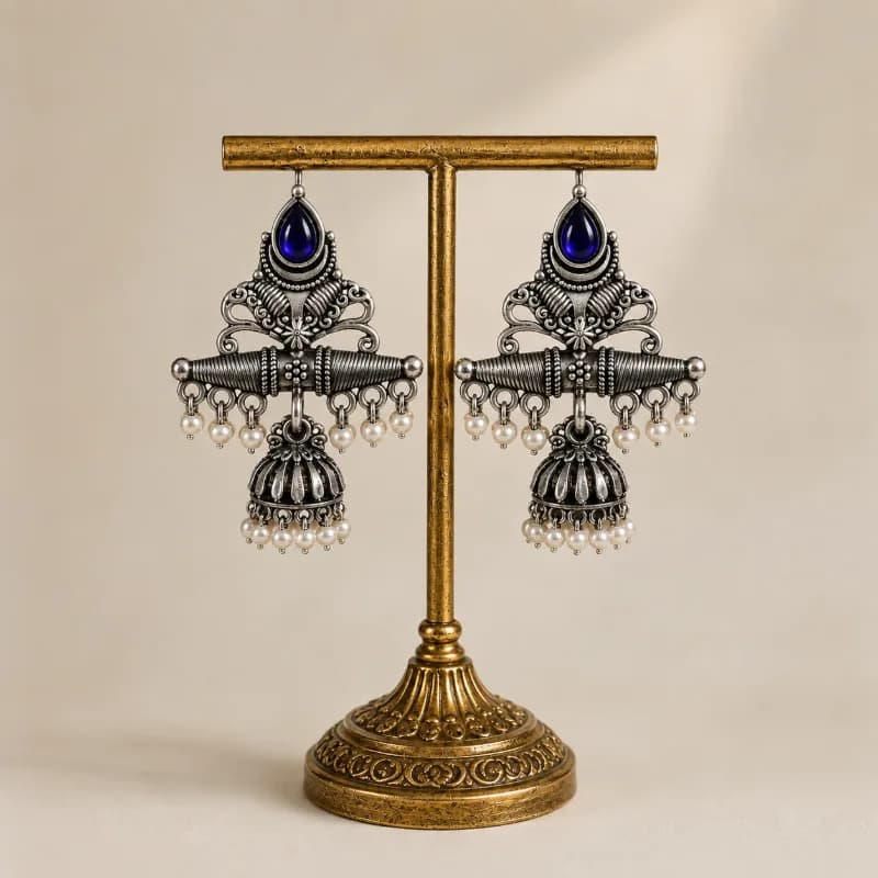 Oxidized Silver Chandbali Jhumka Earrings in multiple colours