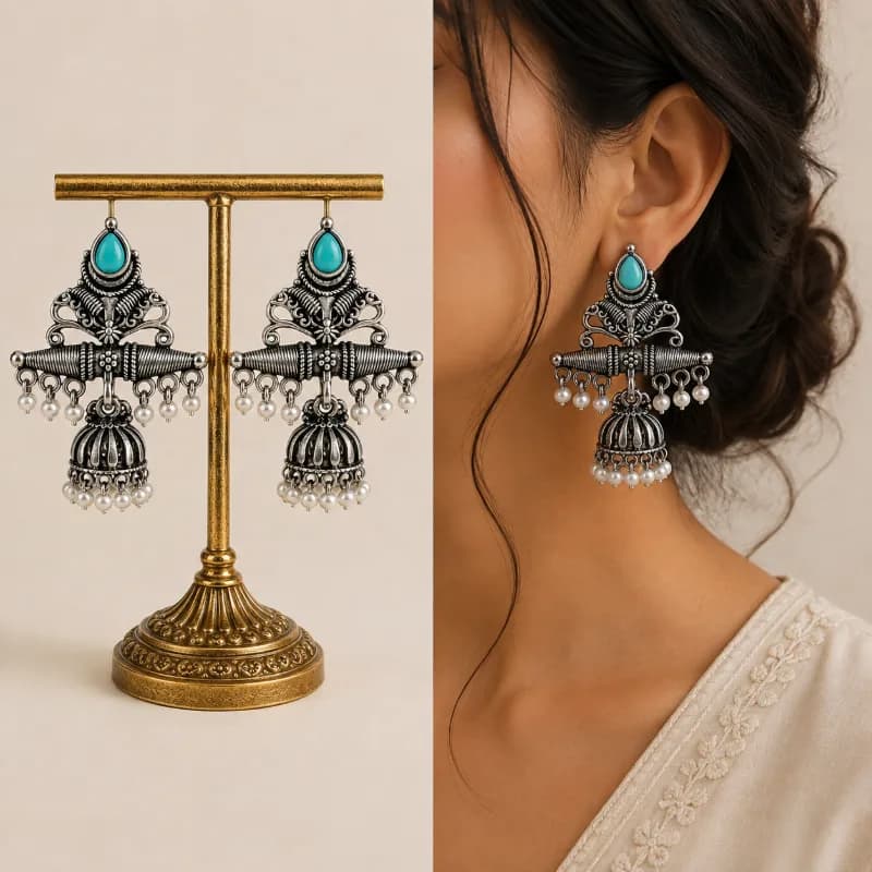 Oxidized Silver Chandbali Jhumka Earrings in multiple colours