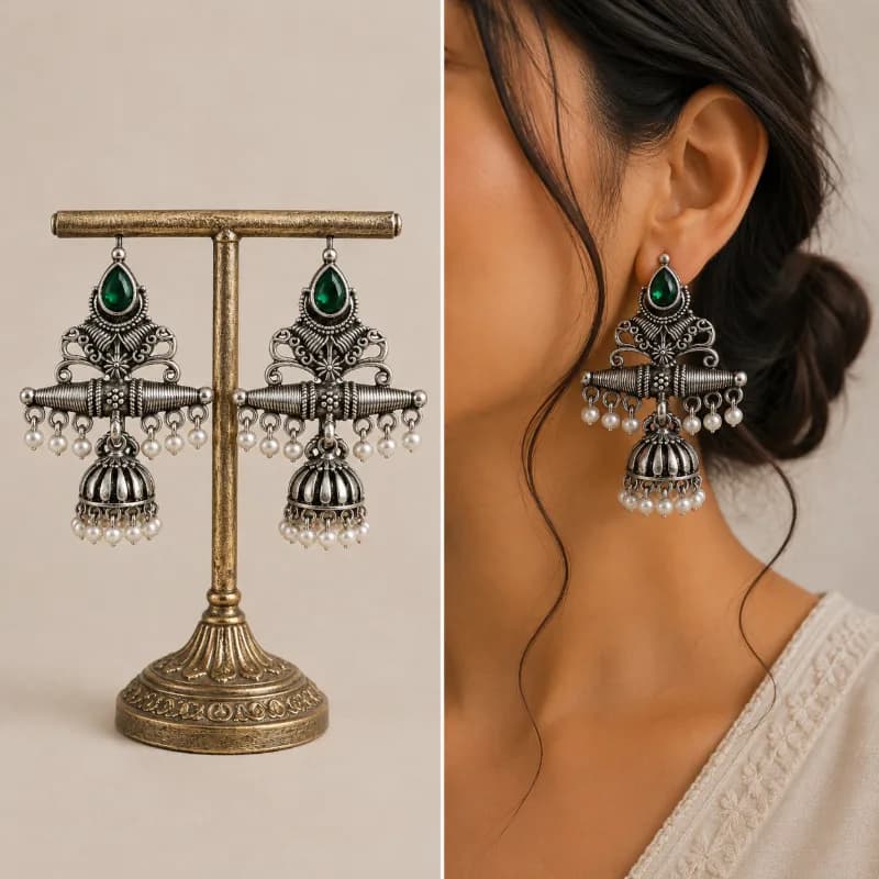 Oxidized Silver Chandbali Jhumka Earrings in multiple colours