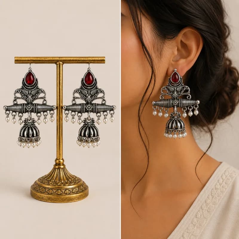 Oxidized Silver Chandbali Jhumka Earrings in multiple colours