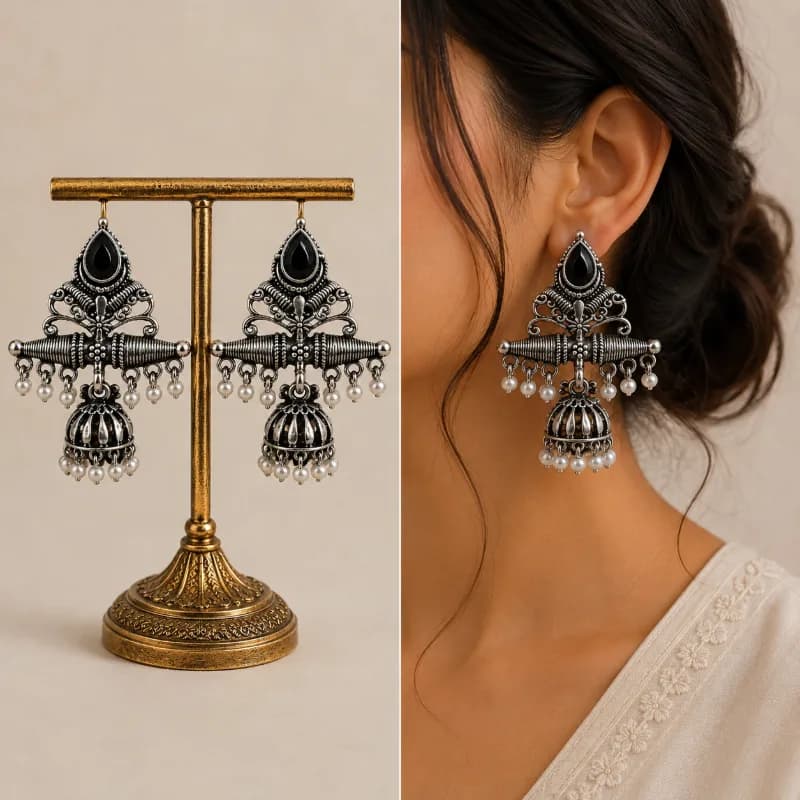 Oxidized Silver Chandbali Jhumka Earrings in multiple colours