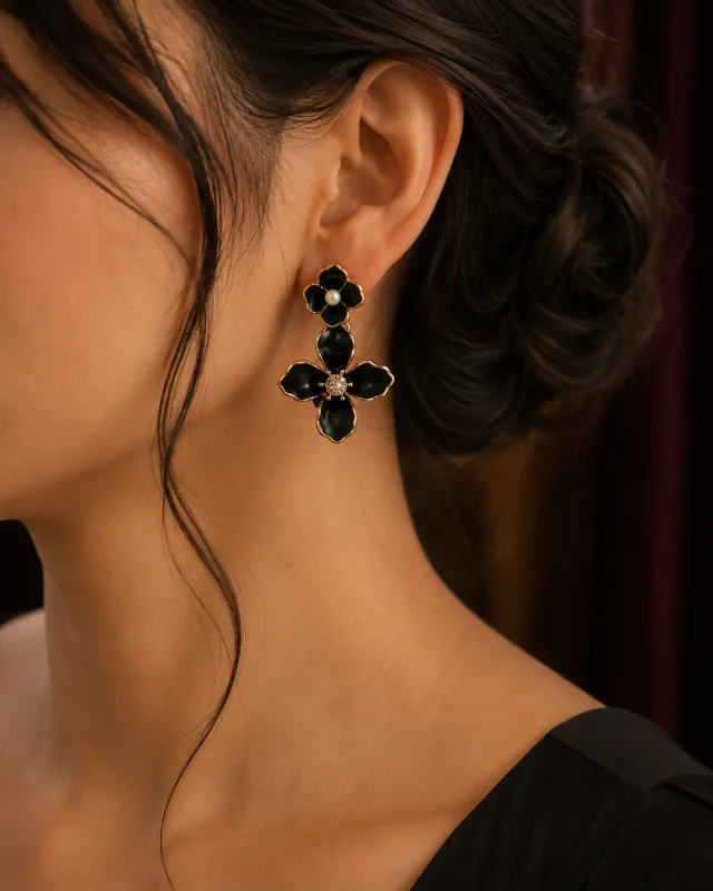 Black Enamel Floral Drop Earrings with Pearl and Crystal Accents