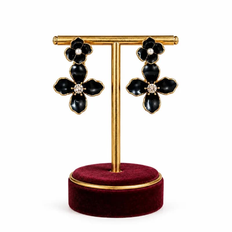 Black Enamel Floral Drop Earrings with Pearl and Crystal Accents — view 2 of 2