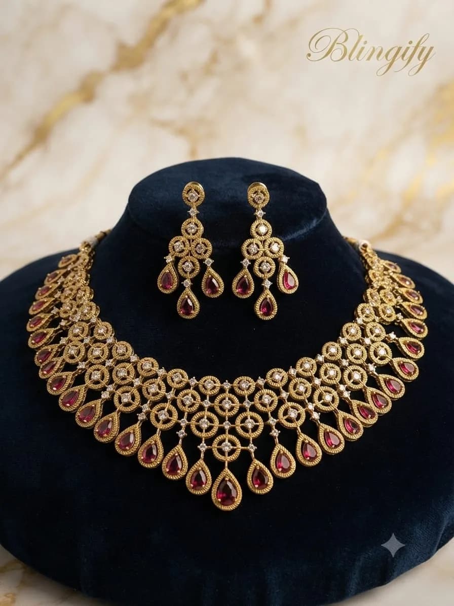 Antique Gold Floral Bridal Necklace Set - Hot Pink