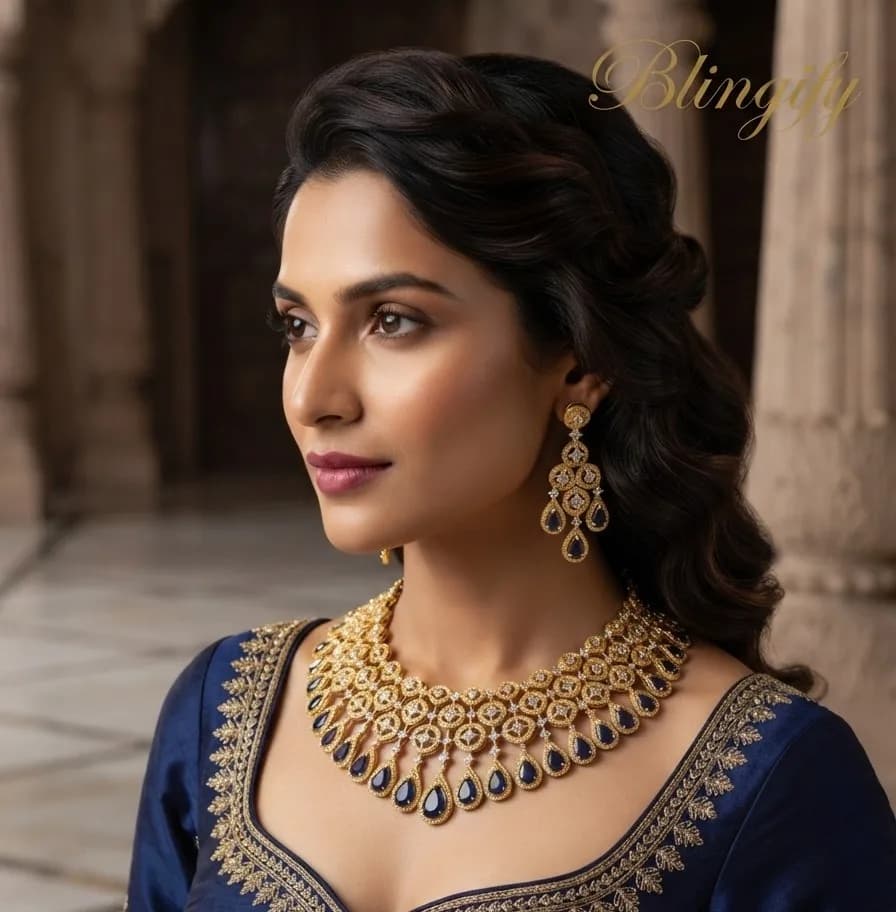 Antique Gold Floral Bridal Necklace Set - Royal Blue