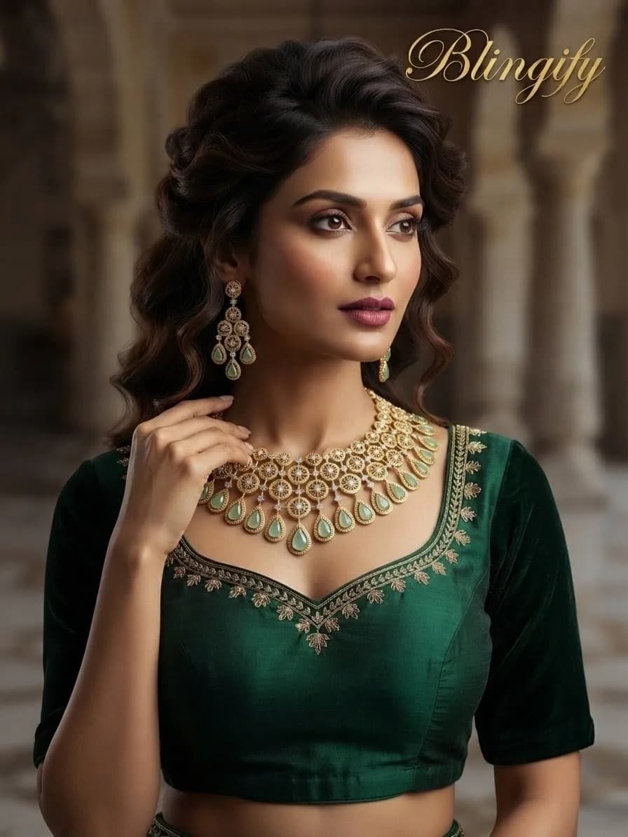 Antique Gold Floral Bridal Necklace Set - Pista Green