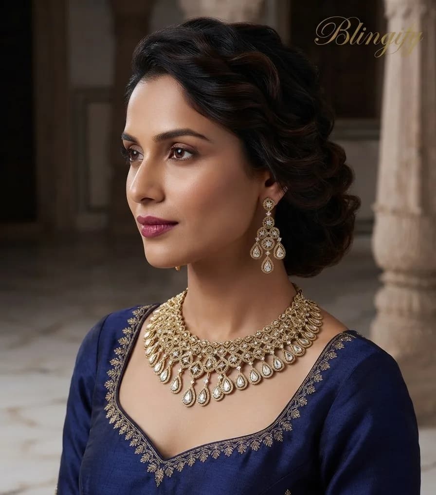 Antique Gold Floral Bridal Necklace Set - White