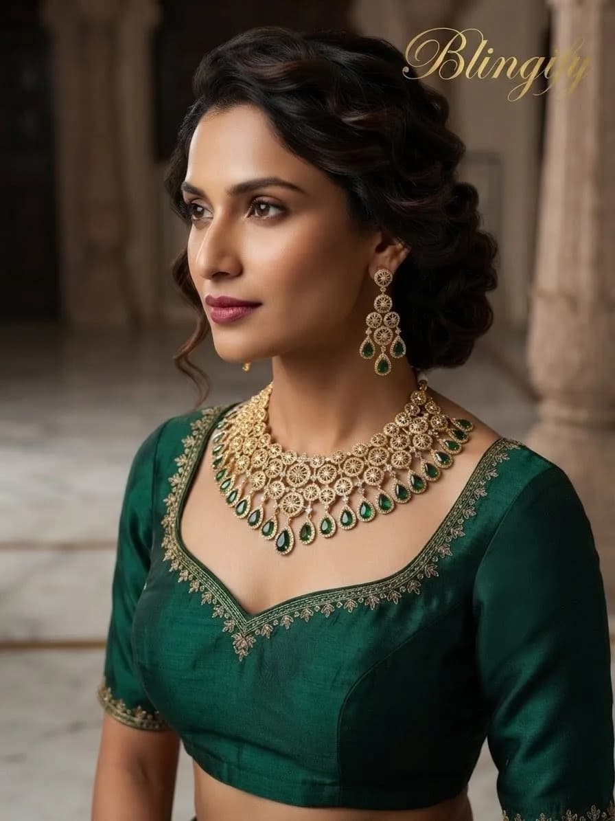 Antique Gold Floral Bridal Necklace Set - Emrald Green