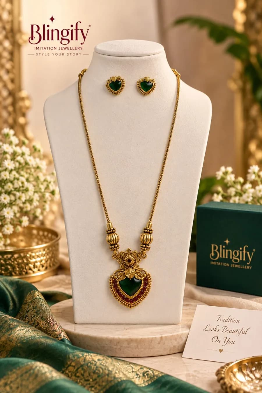 Antique Gold Heart Pendant Necklace Set with Earrings - Green