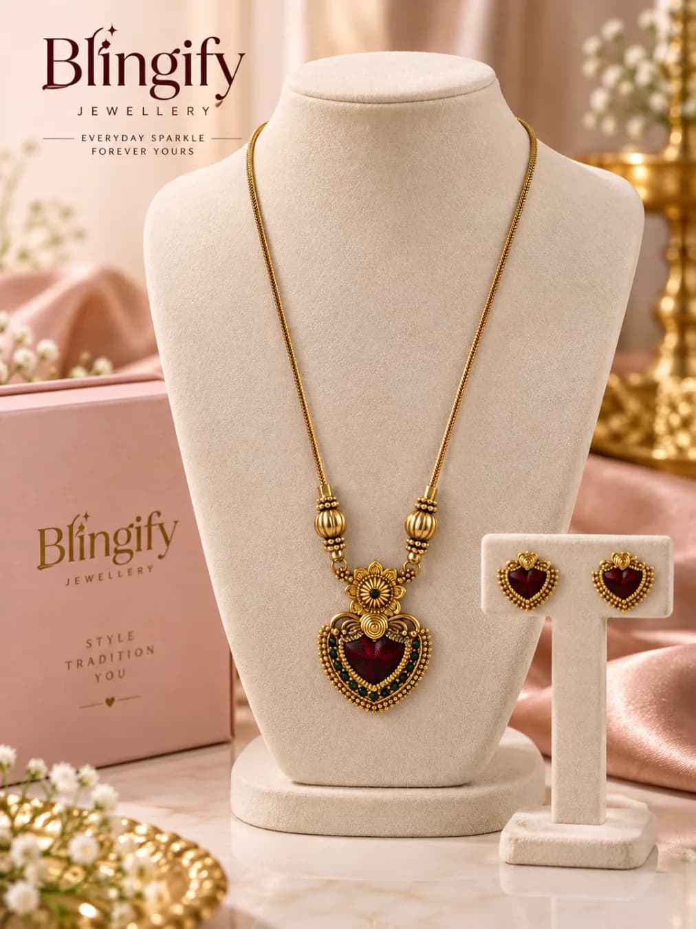 Antique Gold Heart Pendant Necklace Set with Earrings - Ruby Red