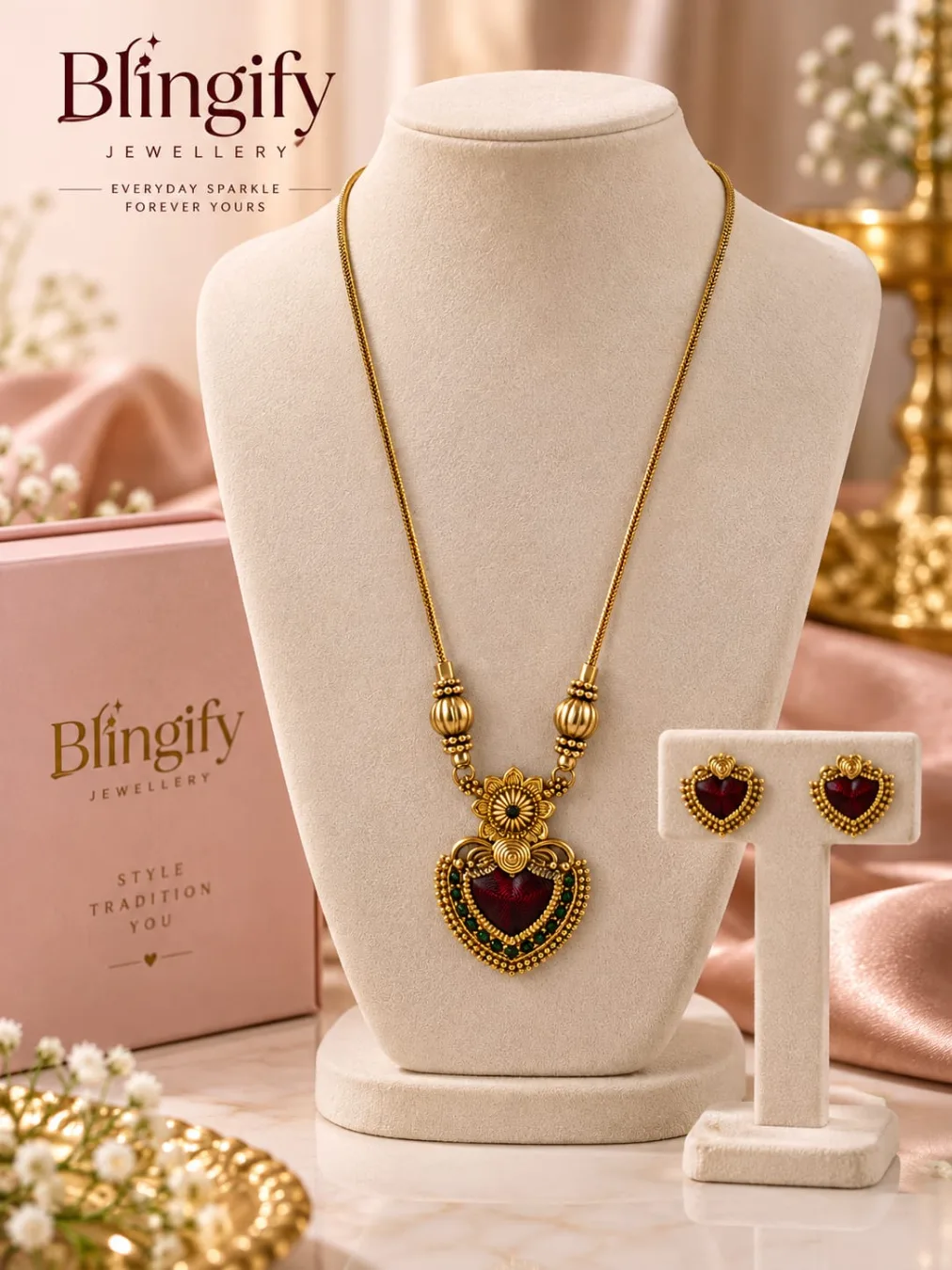 Antique Gold Heart Pendant Necklace Set with Earrings