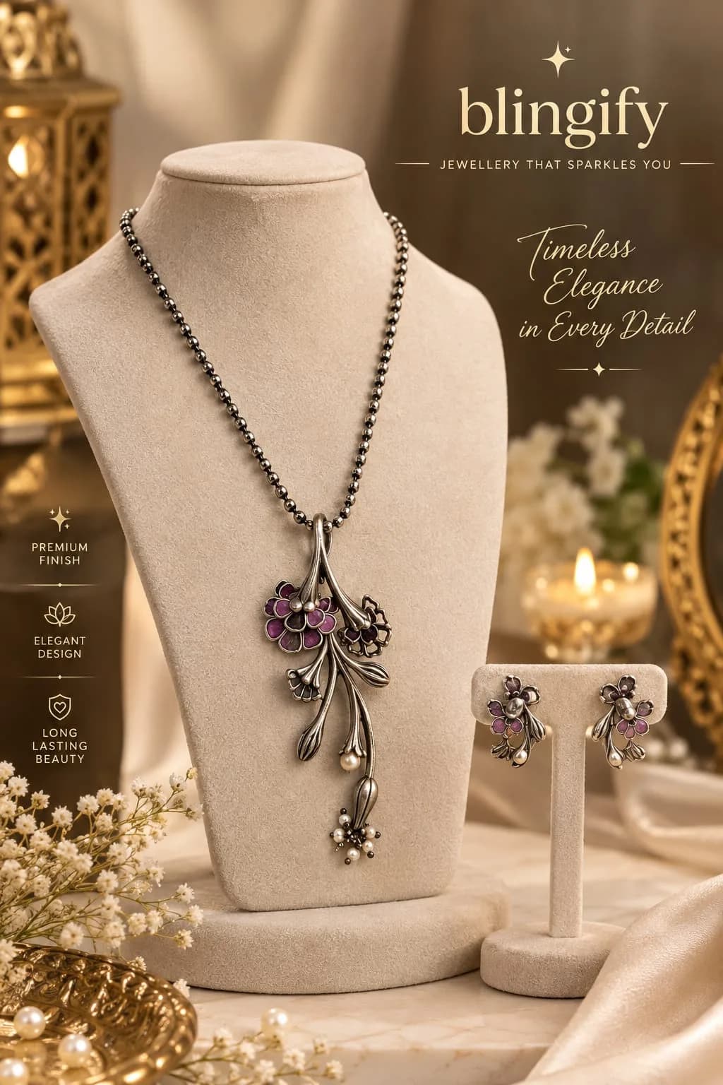 Blossom Trail Oxidized Silver Pendant Necklace & Earrings Set