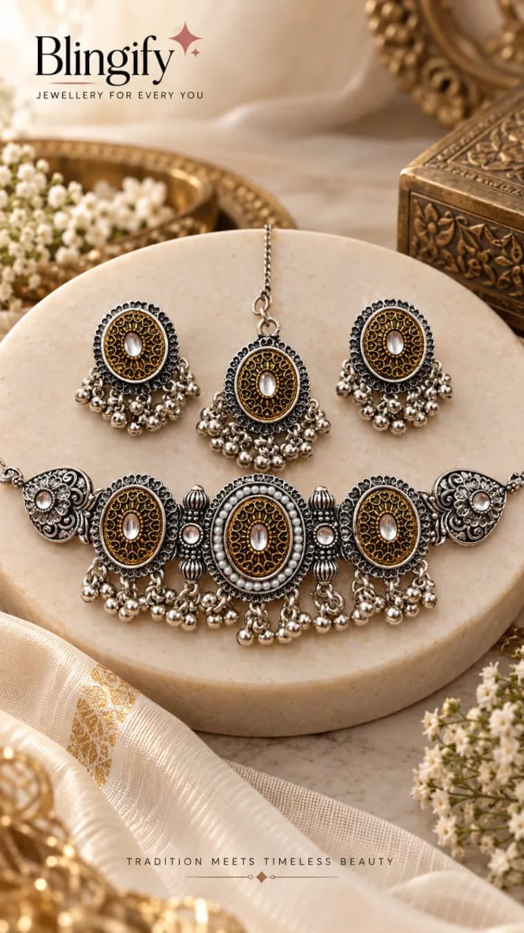 Dual-tone oxidized silver and gold-polish choker set