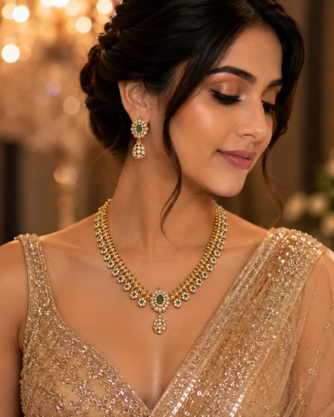 Emerald Halo Bridal Necklace Set