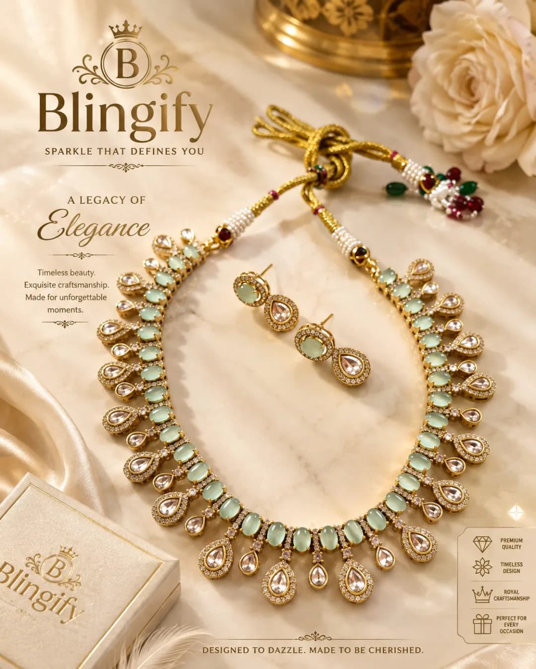 Emerald Kundan Necklace Set — Blingify — view 2 of 2