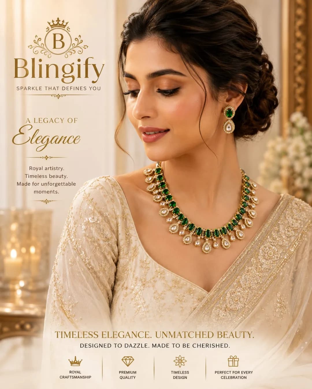 Emerald Kundan Necklace Set — Blingify