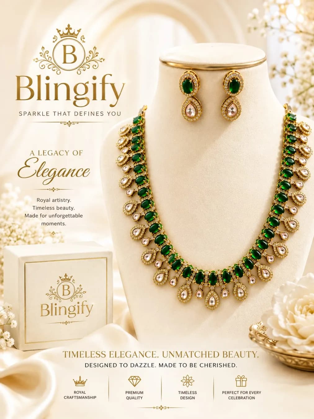 Emerald Kundan Necklace Set — Blingify — view 2 of 2