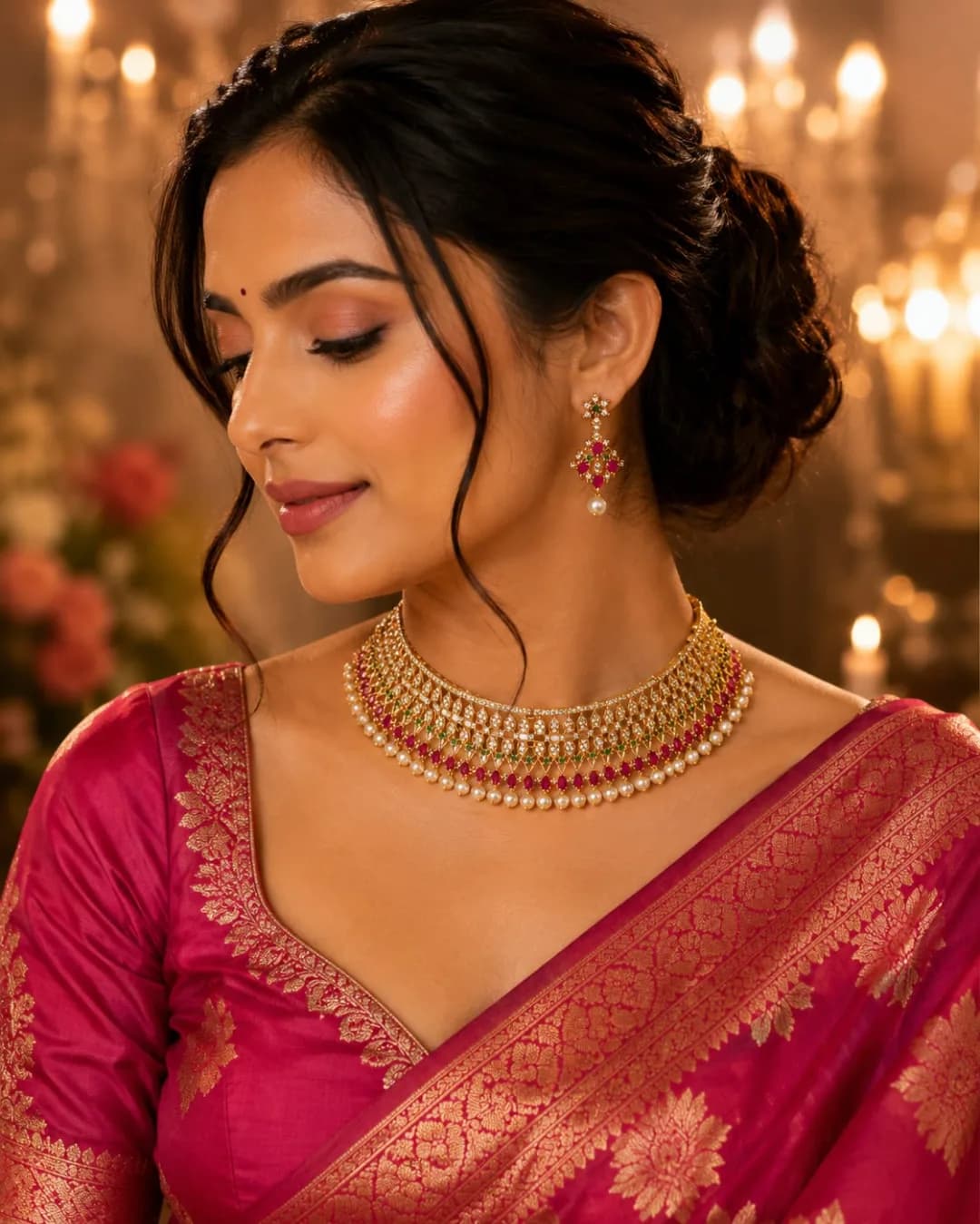 Gold Kundan Choker Necklace Set with Ruby & Emerald Stones