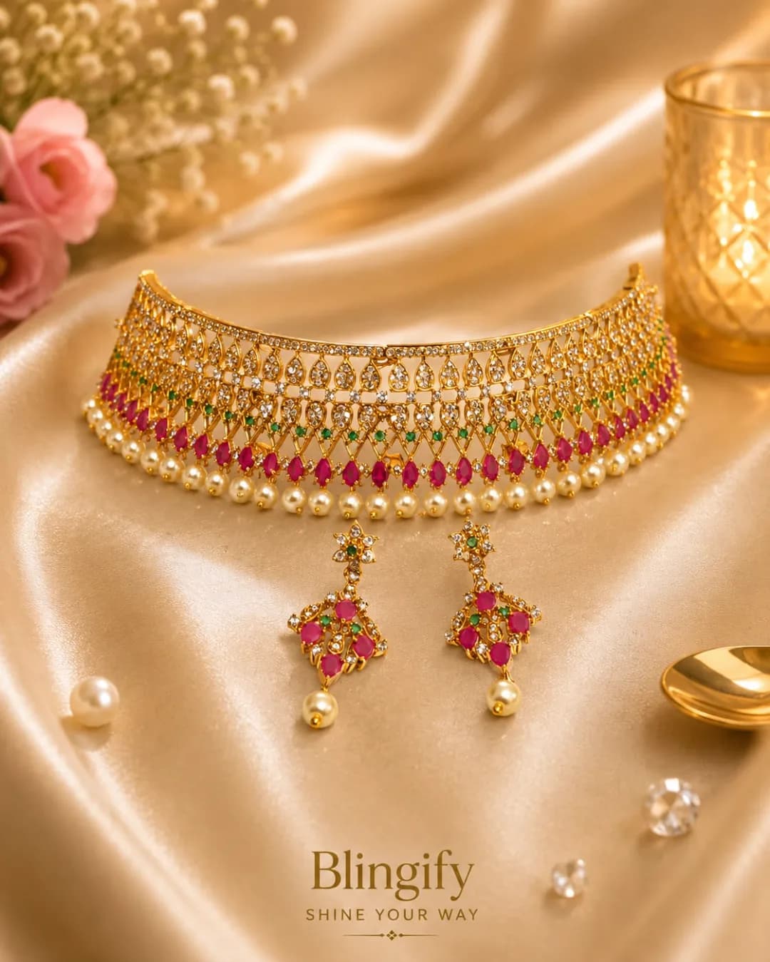 Gold Kundan Choker Necklace Set with Ruby & Emerald Stones — view 2 of 2