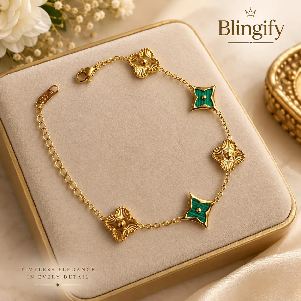 Malachite Clover Charm Bracelet — 18K Gold Finish
