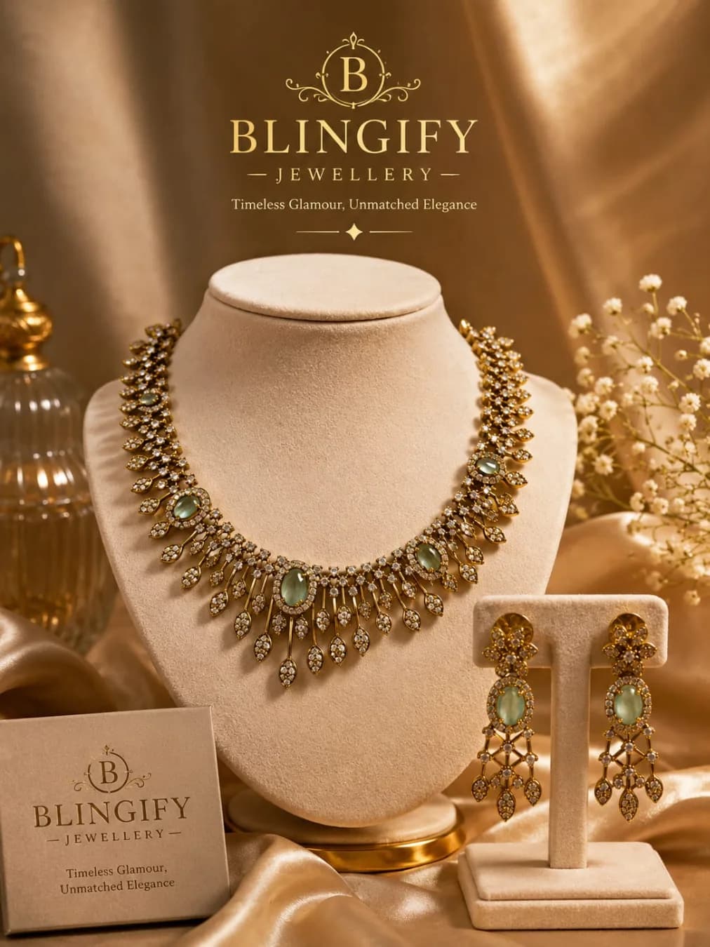 Mint Green Stone Antique Gold-Plated Necklace & Earring Set