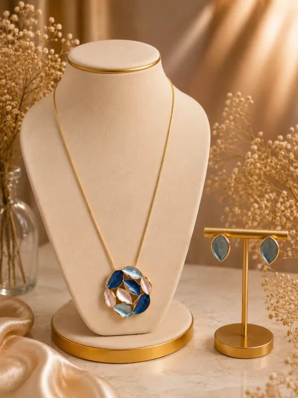 Mosaic Leaf Pendant Necklace & Earrings Set