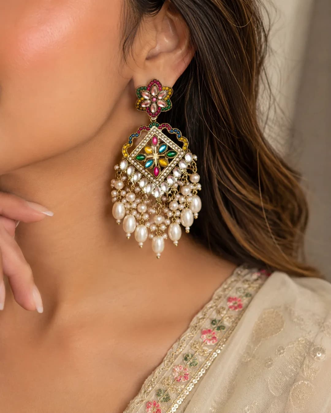 Multicolor Meenakari Pearl Jhumka Earrings — view 2 of 2