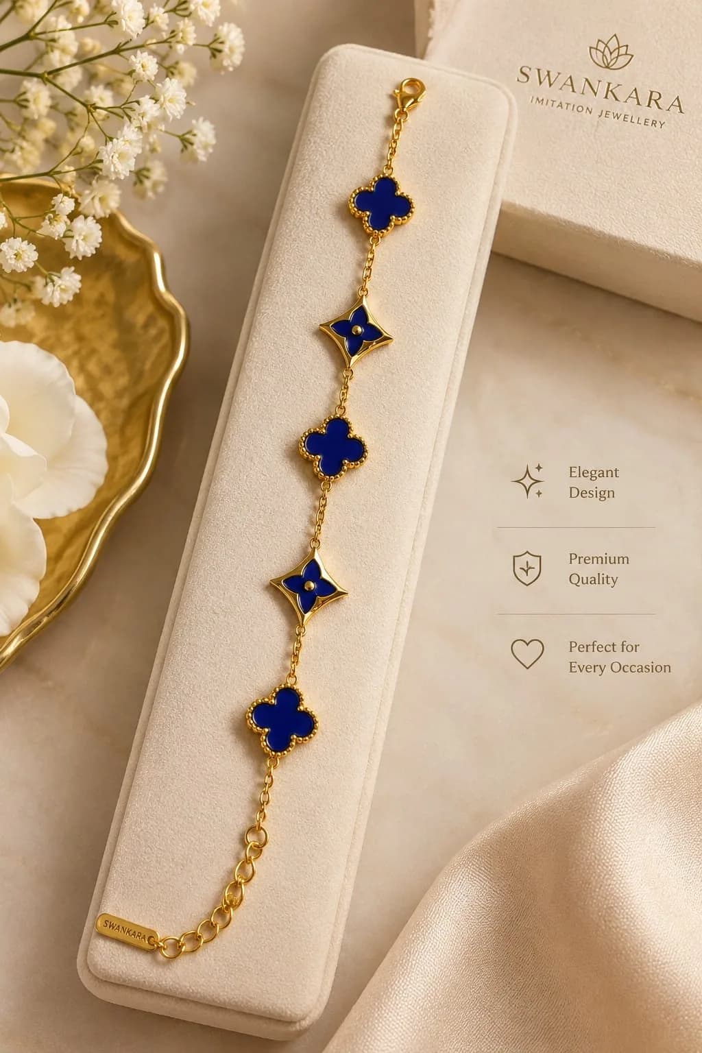 Navy Clover & Star Charm Bracelet — Gold Plated