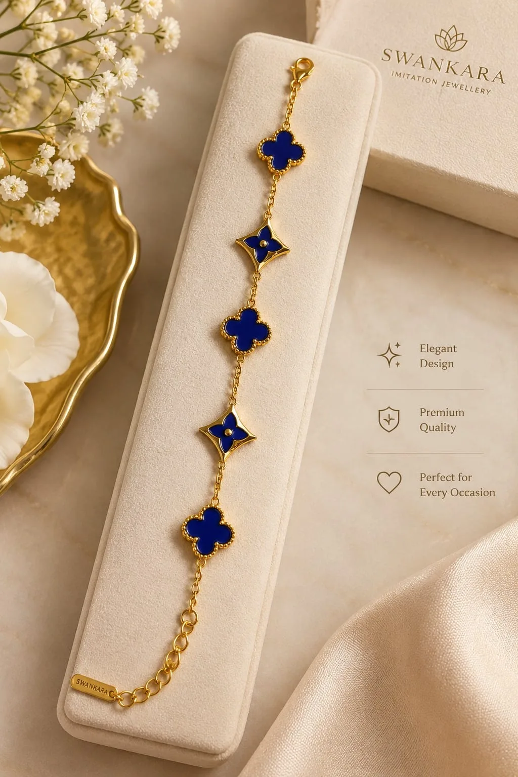 Navy Clover & Star Charm Bracelet — Gold Plated
