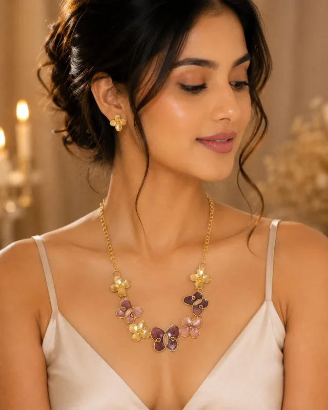 Ombre Butterfly Flower Necklace & Earrings Set