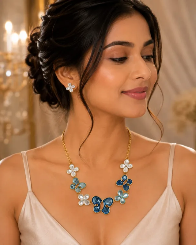 Ombre Butterfly Flower Necklace & Earrings Set