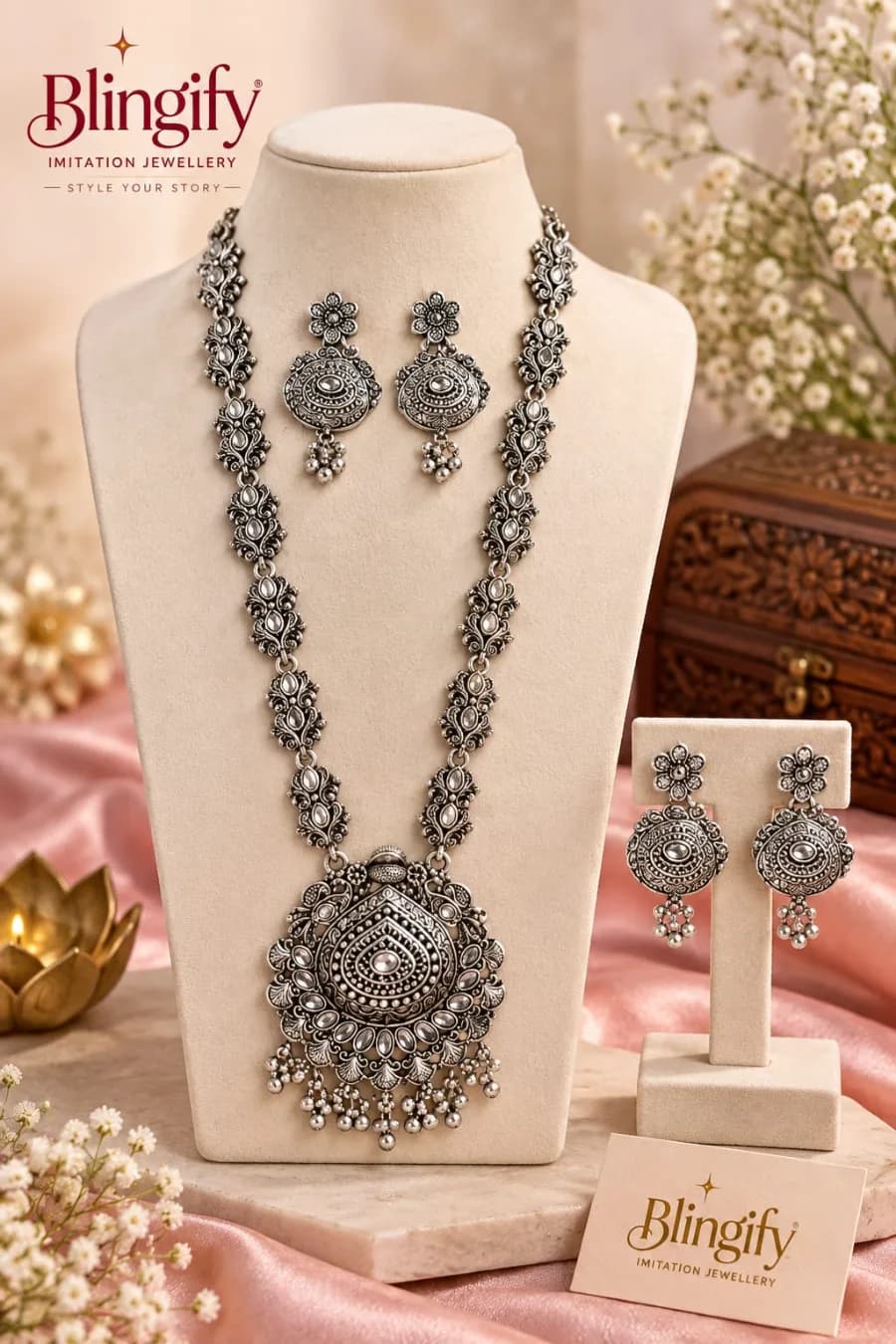 Oxidised Kundan-Style Long Necklace Set
